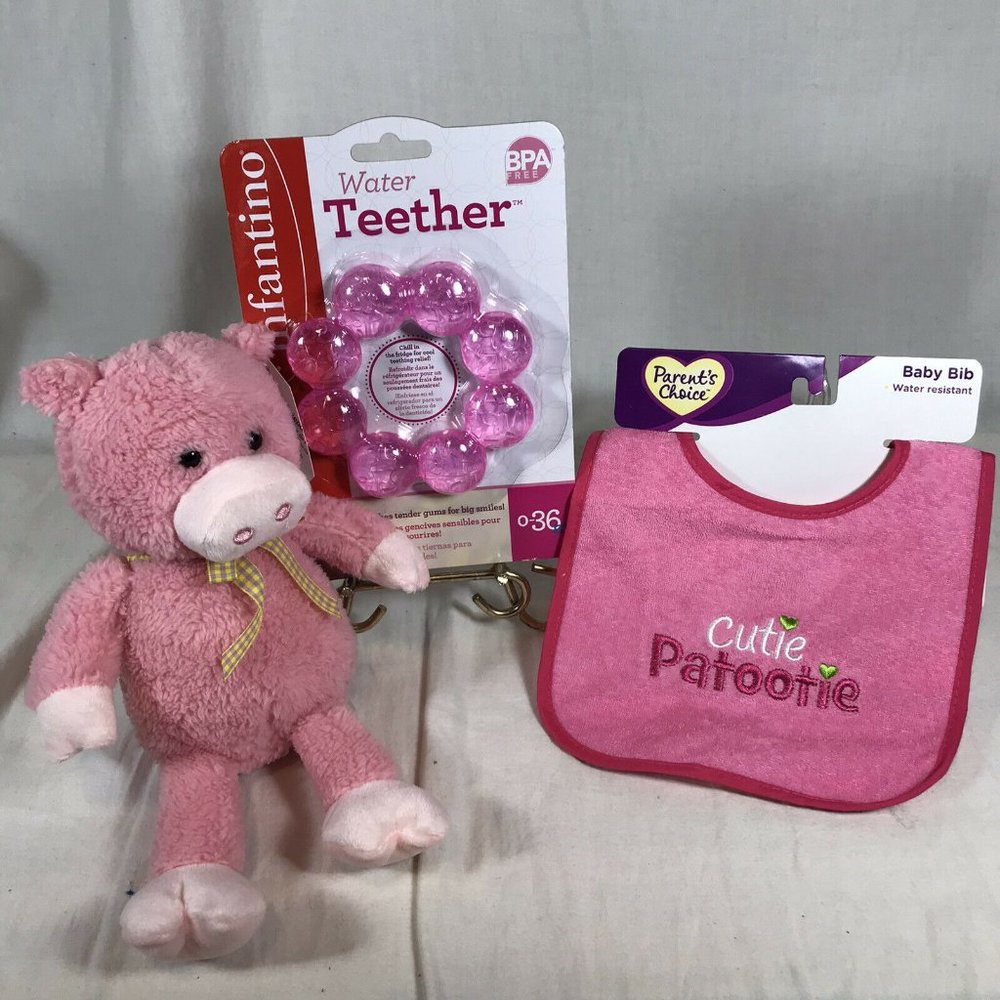 Baby Girl Gift Set Pink Plush Pig Chewable Teether - Picture 1 of 11
